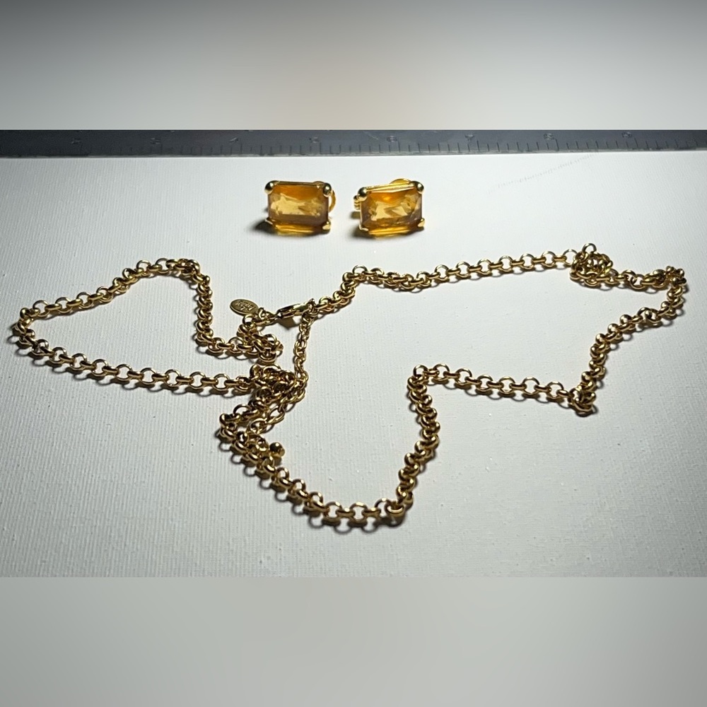 Joan Rivers Gold Tone 30” Necklace Large Citrine Pierced Earring Lot J25